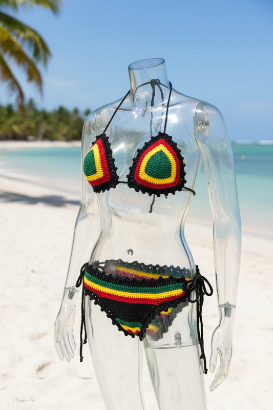 Handmade Crochet Rasta Bikini Set – Green Yellow Red Black Halter Top & Tie‑Side Bottoms – Festival & Beachwear
