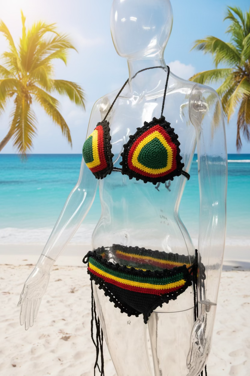 Handmade Crochet Rasta Bikini Set – Green Yellow Red Black Halter Top & Tie‑Side Bottoms – Festival & Beachwear