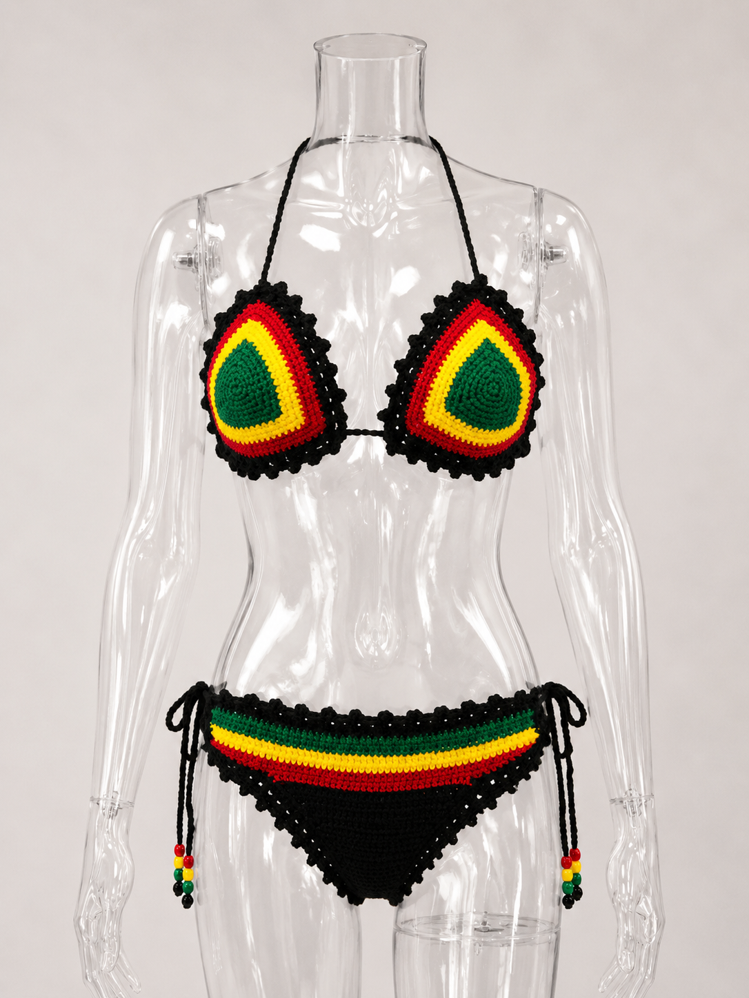 Handmade Crochet Rasta Bikini Set – Green Yellow Red Black Halter Top & Tie‑Side Bottoms – Festival & Beachwear