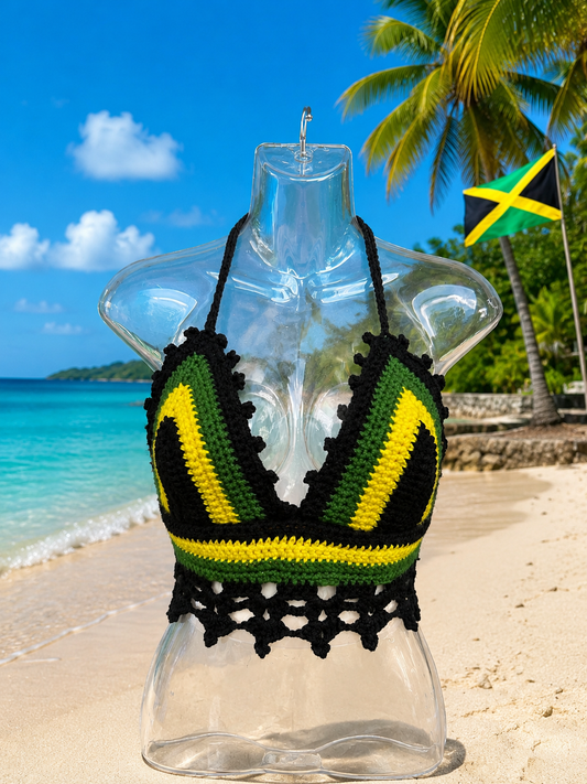 Handmade Crochet Jamaican Halter Top – Black Yellow Green Rasta Crop Top – Festival & Beachwear