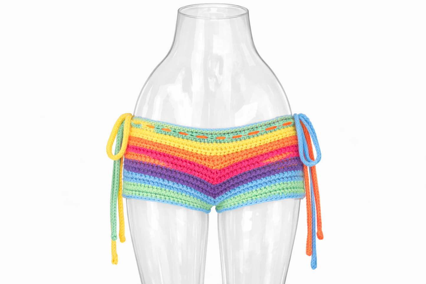 Handmade Rainbow Crochet Shorts – Colorful Festival Bottoms – Boho Summer Beachwear