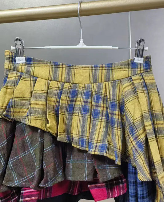 Real Photo Autumn Trend New Fashion Cotton Plaid Patchwork Irregular Skirt High Waist Pants Skirt Women's Streetwear Y2K Skirt