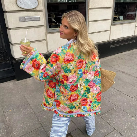 UNIZERA 2023 Autumn New Product Women's Fashion Versatile Round Neck Stripe Spliced Print Retro Quilted Cotton Coat