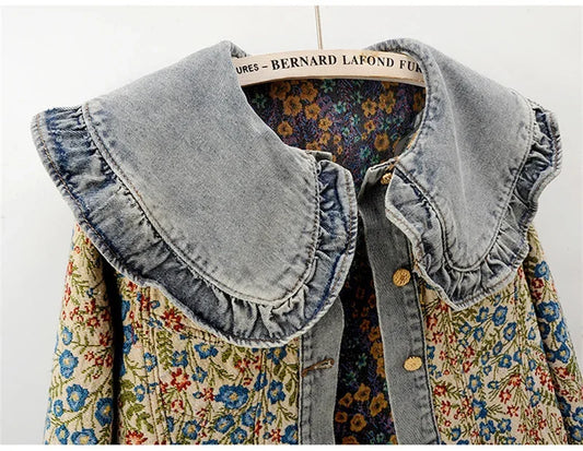 Spring Autumn Jacquard Embroidery Denim Jacket Women Loose Short Cowboy Outerwear Casual Peter Pan Collar Jeans Jacket Female