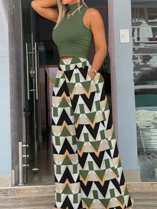 Plus Size Printing Two Piece Set Women Casual Solid Sleeveless Tank Top Wide Leg Pants Two Piece Set 2025 Fashion Clothing