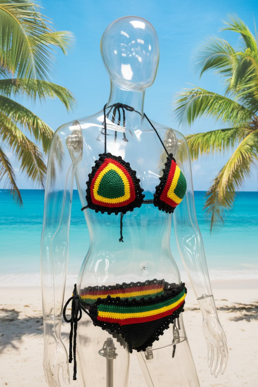 Handmade Crochet Rasta Bikini Set – Green Yellow Red Black Halter Top & Tie‑Side Bottoms – Festival & Beachwear