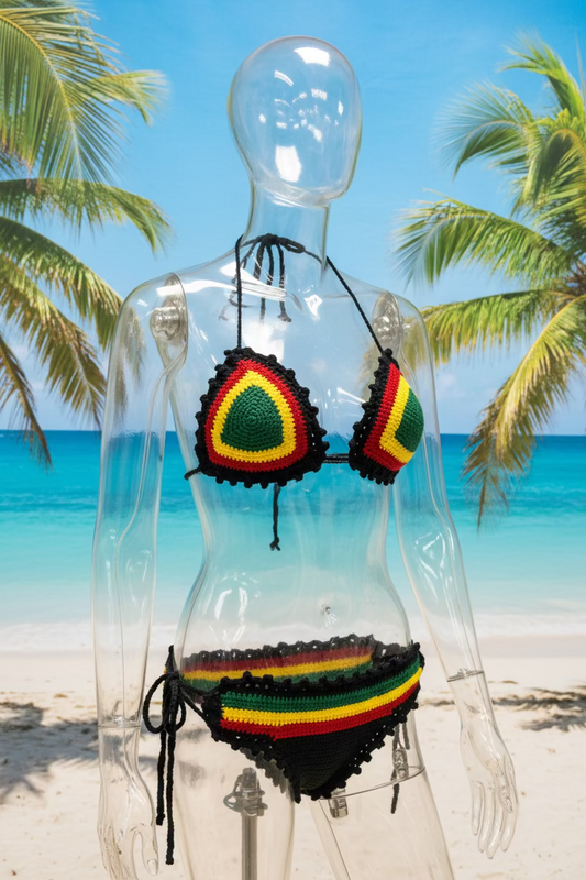 Handmade Crochet Rasta Bikini Set – Green Yellow Red Black Halter Top & Tie‑Side Bottoms – Festival & Beachwear