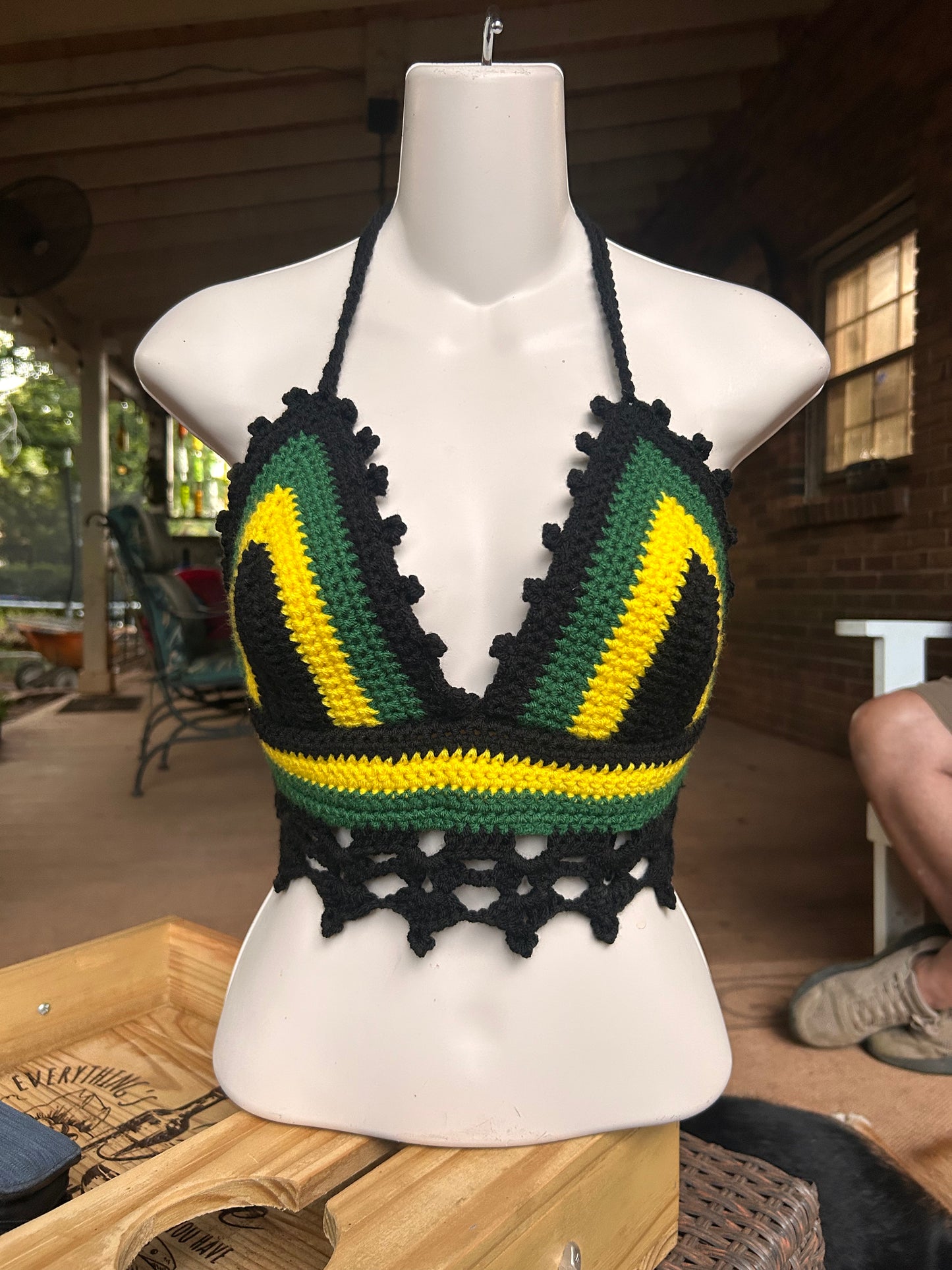 Handmade Crochet Jamaican Halter Top – Black Yellow Green Rasta Crop Top – Festival & Beachwear