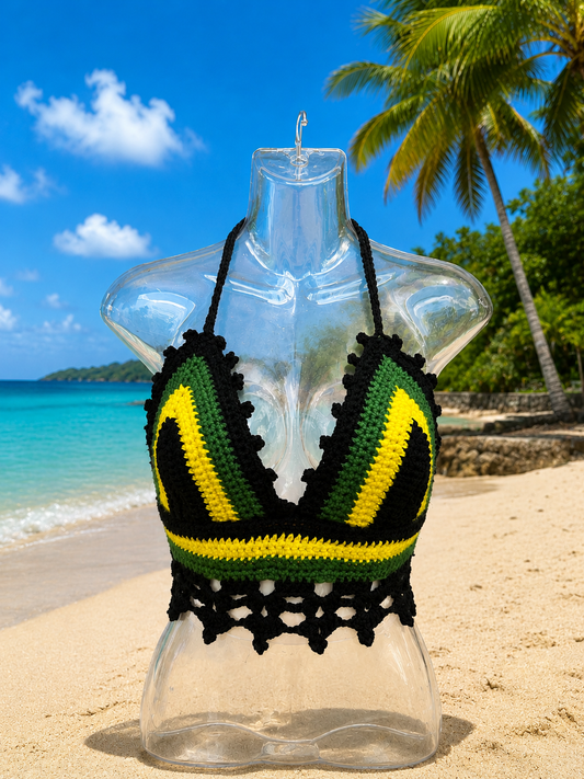 Handmade Crochet Jamaican Halter Top – Black Yellow Green Rasta Crop Top – Festival & Beachwear