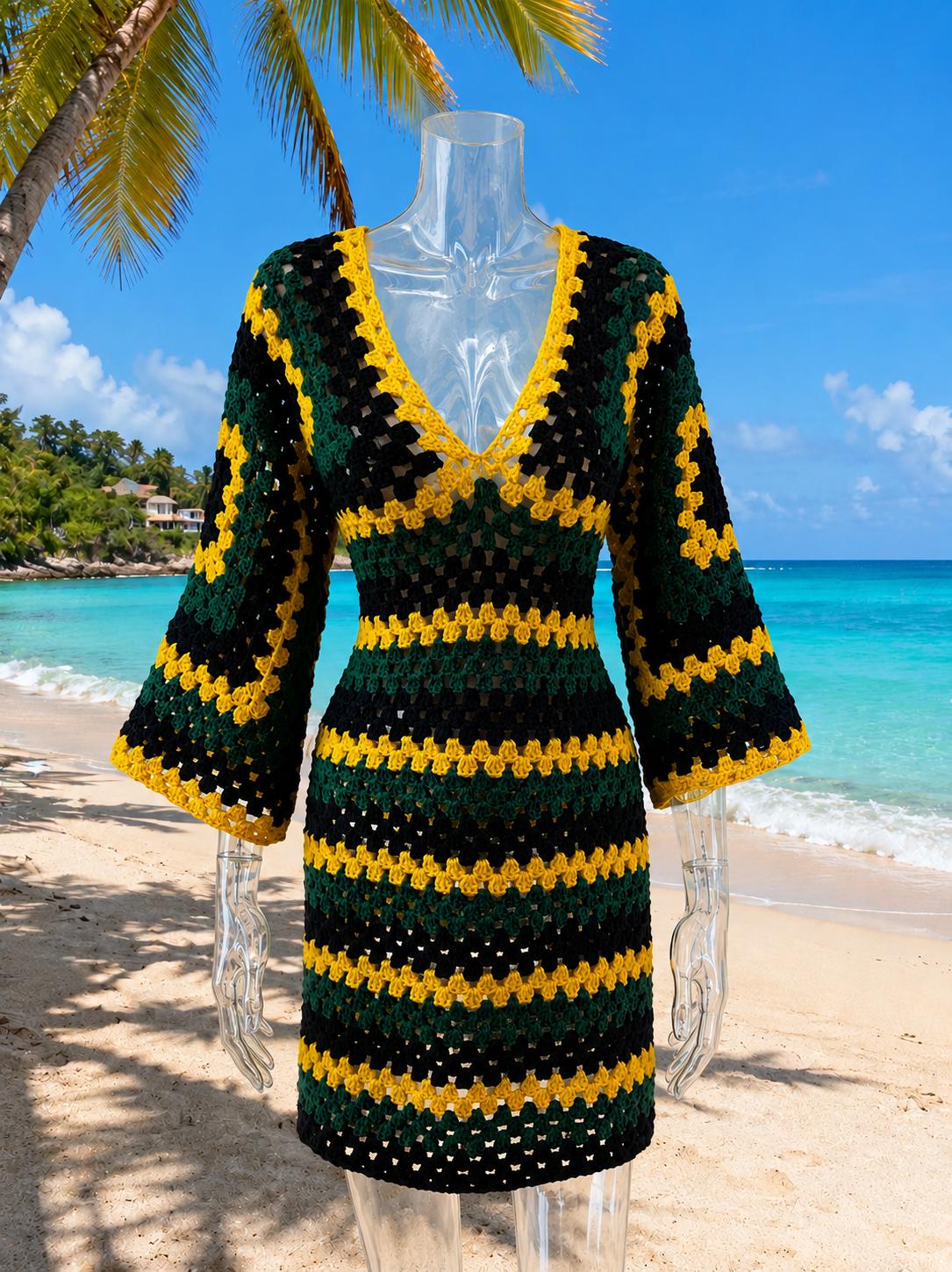 Handmade Crochet Jamaican Maxi Dress – Black Green Yellow Striped Beach Dress – Festival & Vacation Wear