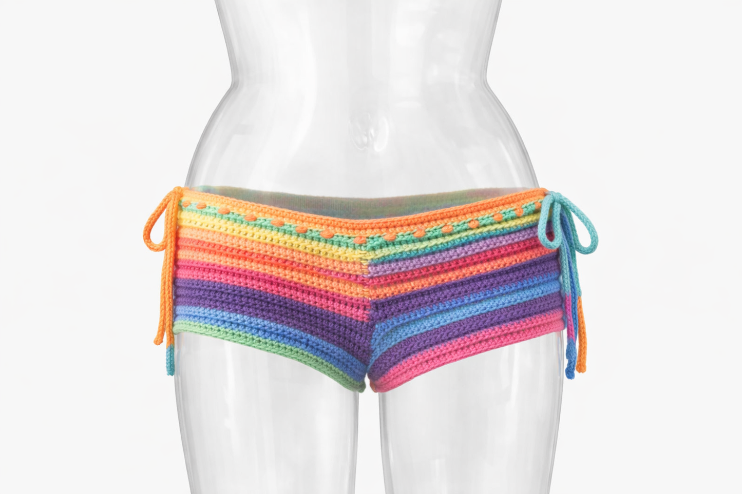 Handmade Rainbow Crochet Shorts – Colorful Festival Bottoms – Boho Summer Beachwear