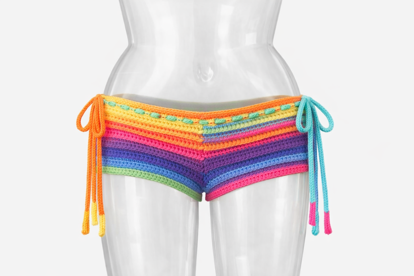 Handmade Rainbow Crochet Shorts – Colorful Festival Bottoms – Boho Summer Beachwear