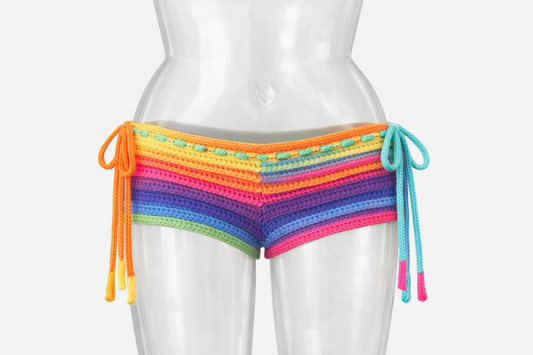 Handmade Rainbow Crochet Shorts – Colorful Festival Bottoms – Boho Summer Beachwear