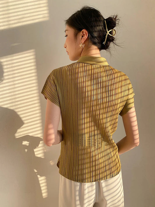 Miyake Pleated Cardigan Single Breasted Short Sleeve Polo Shirt Women Spring Summer Korean Fashion Causal Comfortable Clothing