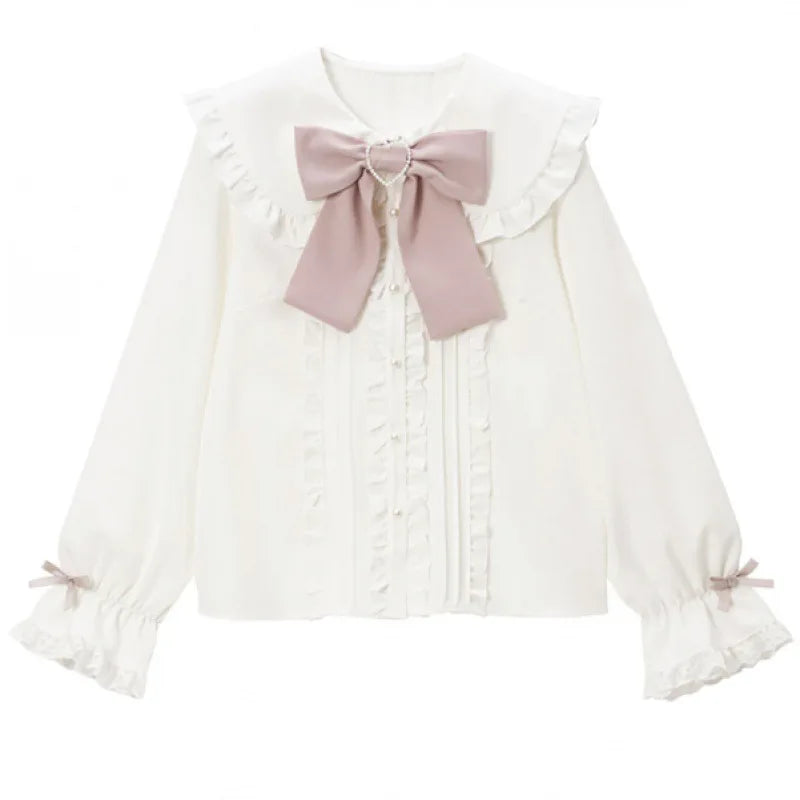 Sweet Cute Lace Short Sleeve Shirt Kawaii Women Lolita Y2K Japanese Style Blouse Elegant Off-Shoulder Top Aesthetic Shirt