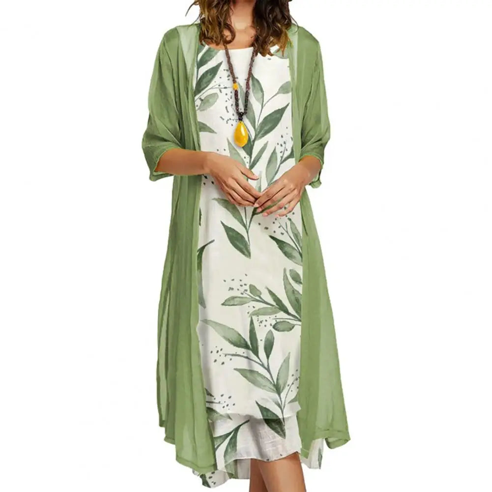 Female 1 Set Stylish Vintage Round Neck Dress Two-Piece Ladies Dress Set Floral Print   for Party