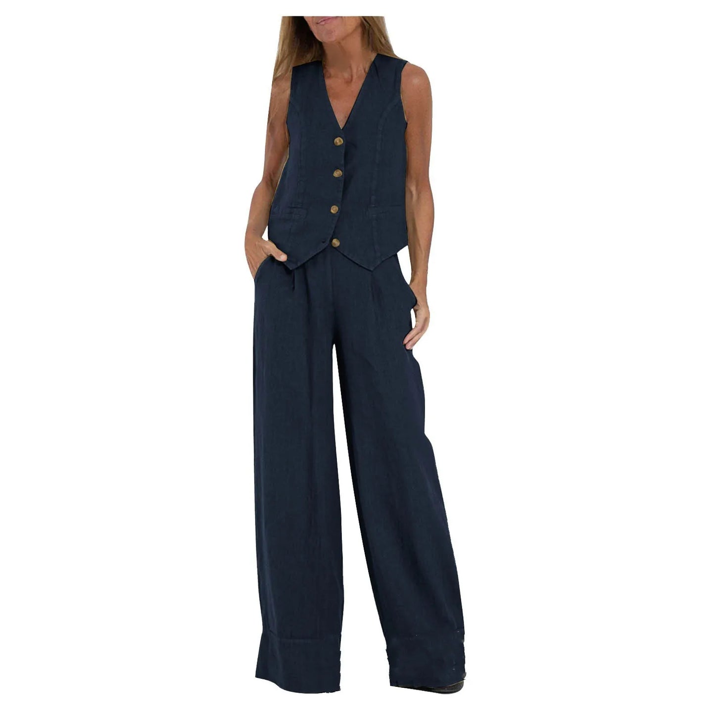 Women's Clothing 2024 Spring Summer New Fashionable Vest Pants Collage Splicing Pure Sleeveless Color Temperament Casual Suit