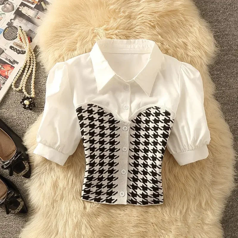 Polo Collar Stitching Houndstooth Shirt Women's Summer Design Sense Niche Pure Desire Sweet Hot Girl Short Puff Sleeve Top