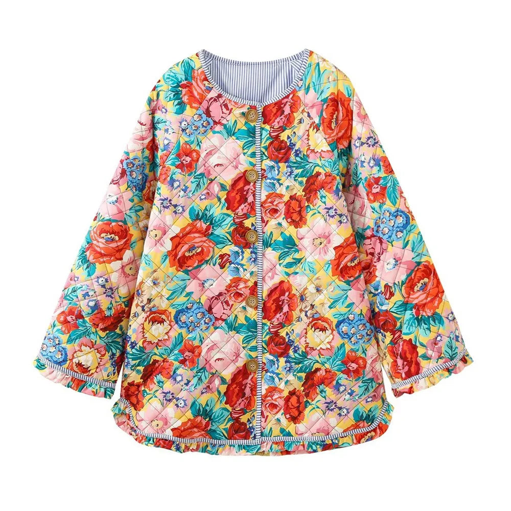 UNIZERA 2023 Autumn New Product Women's Fashion Versatile Round Neck Stripe Spliced Print Retro Quilted Cotton Coat