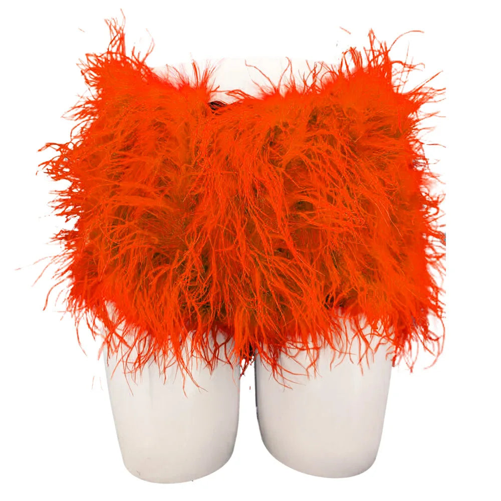 Natural Ostrich Fur Feather Shorts Hot Pants for women korean Club Party Music Festival Sexy Furry FluffyTight Pants black brown