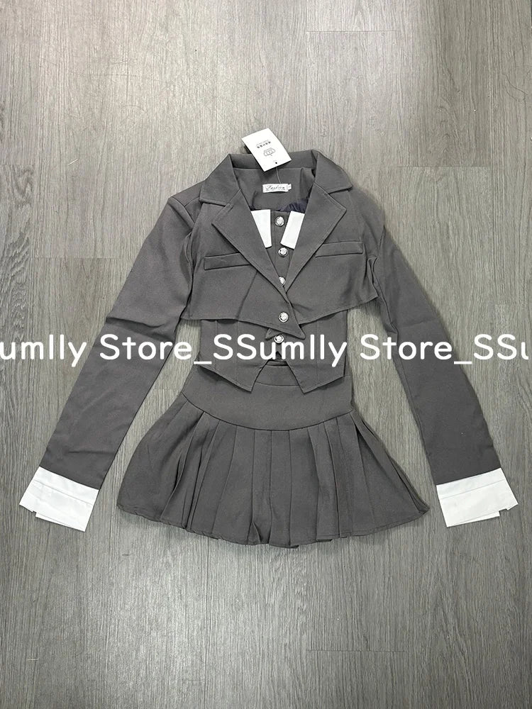 Preppy Style Elegant 3 Piece Set Women Fashion Casual Blazer Suit Female Pleated Mini Skirt + Irregular Camisole + Short Jacket