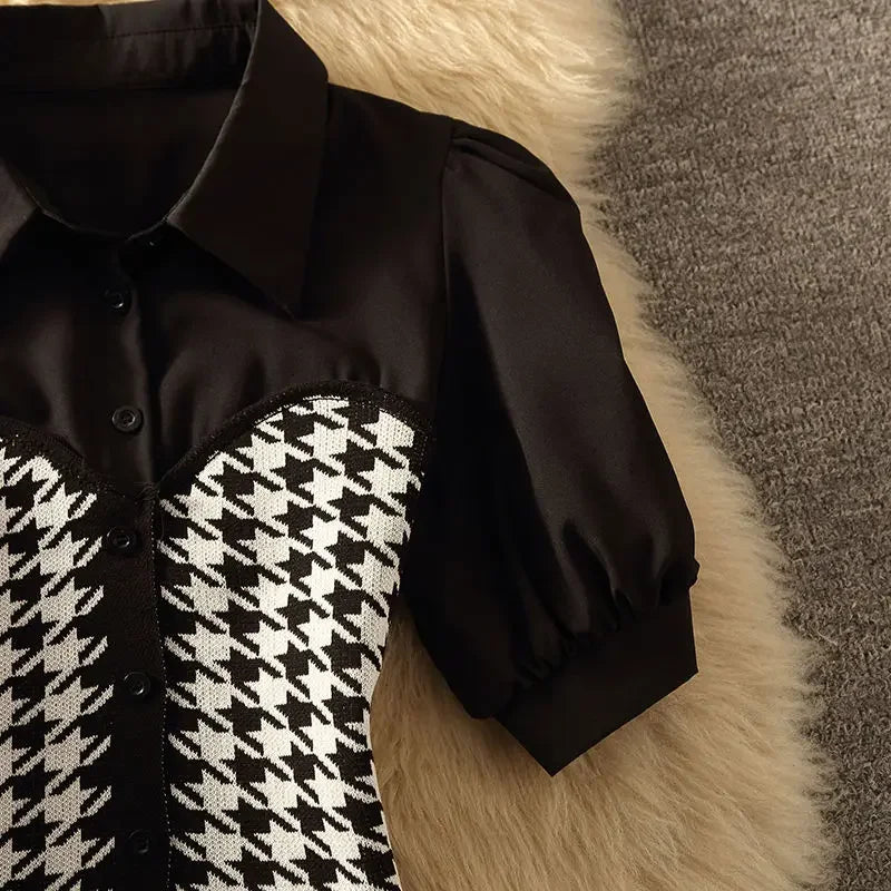 Polo Collar Stitching Houndstooth Shirt Women's Summer Design Sense Niche Pure Desire Sweet Hot Girl Short Puff Sleeve Top