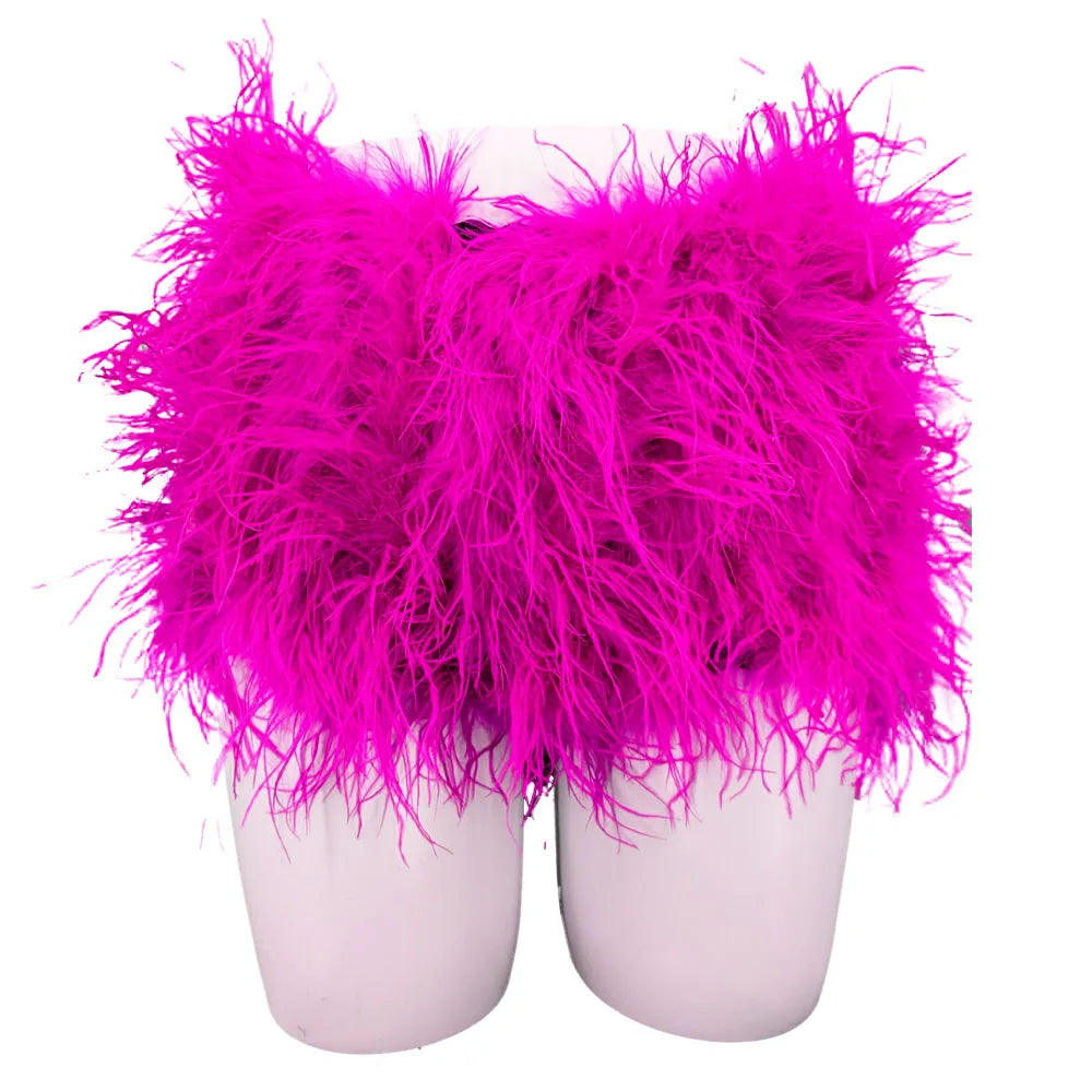 Natural Ostrich Fur Feather Shorts Hot Pants for women korean Club Party Music Festival Sexy Furry FluffyTight Pants black brown