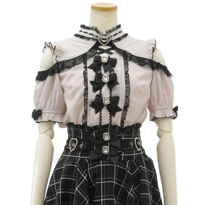 Sweet Cute Lace Short Sleeve Shirt Kawaii Women Lolita Y2K Japanese Style Blouse Elegant Off-Shoulder Top Aesthetic Shirt