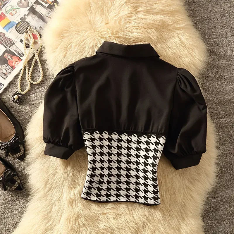 Polo Collar Stitching Houndstooth Shirt Women's Summer Design Sense Niche Pure Desire Sweet Hot Girl Short Puff Sleeve Top