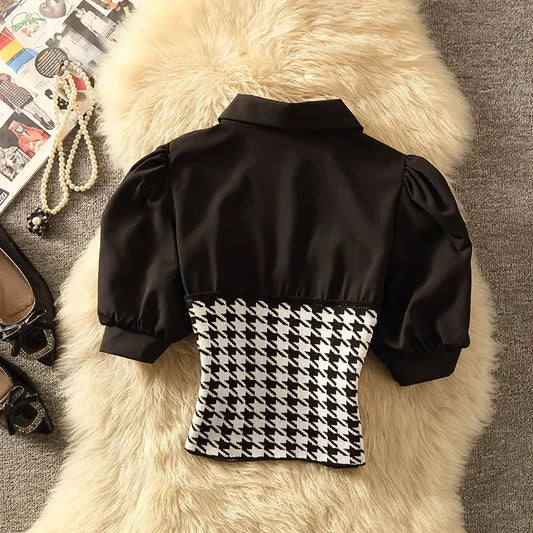 Polo Collar Stitching Houndstooth Shirt Women's Summer Design Sense Niche Pure Desire Sweet Hot Girl Short Puff Sleeve Top