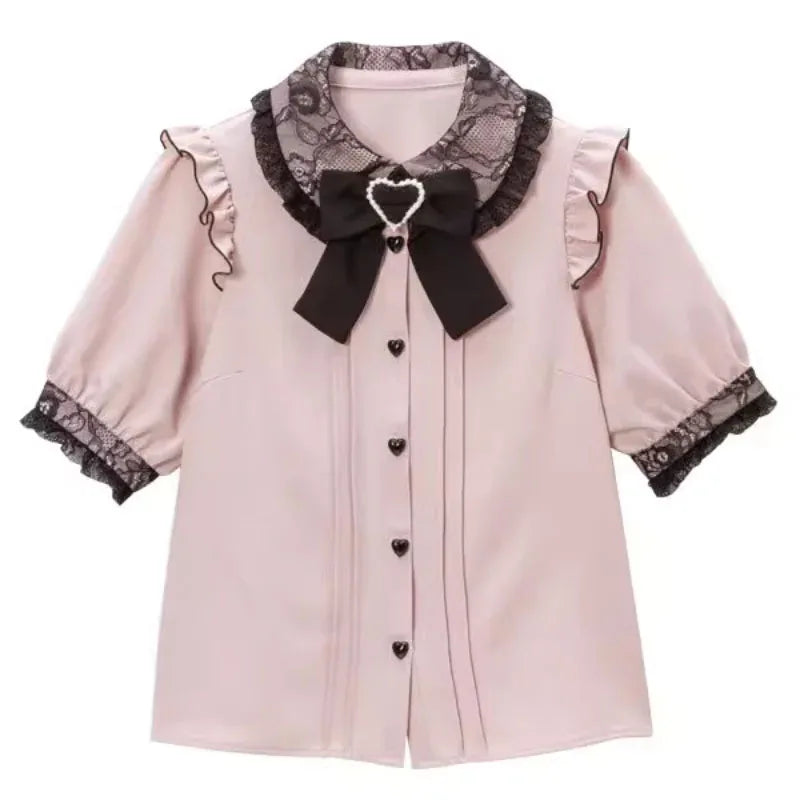 Sweet Cute Lace Short Sleeve Shirt Kawaii Women Lolita Y2K Japanese Style Blouse Elegant Off-Shoulder Top Aesthetic Shirt