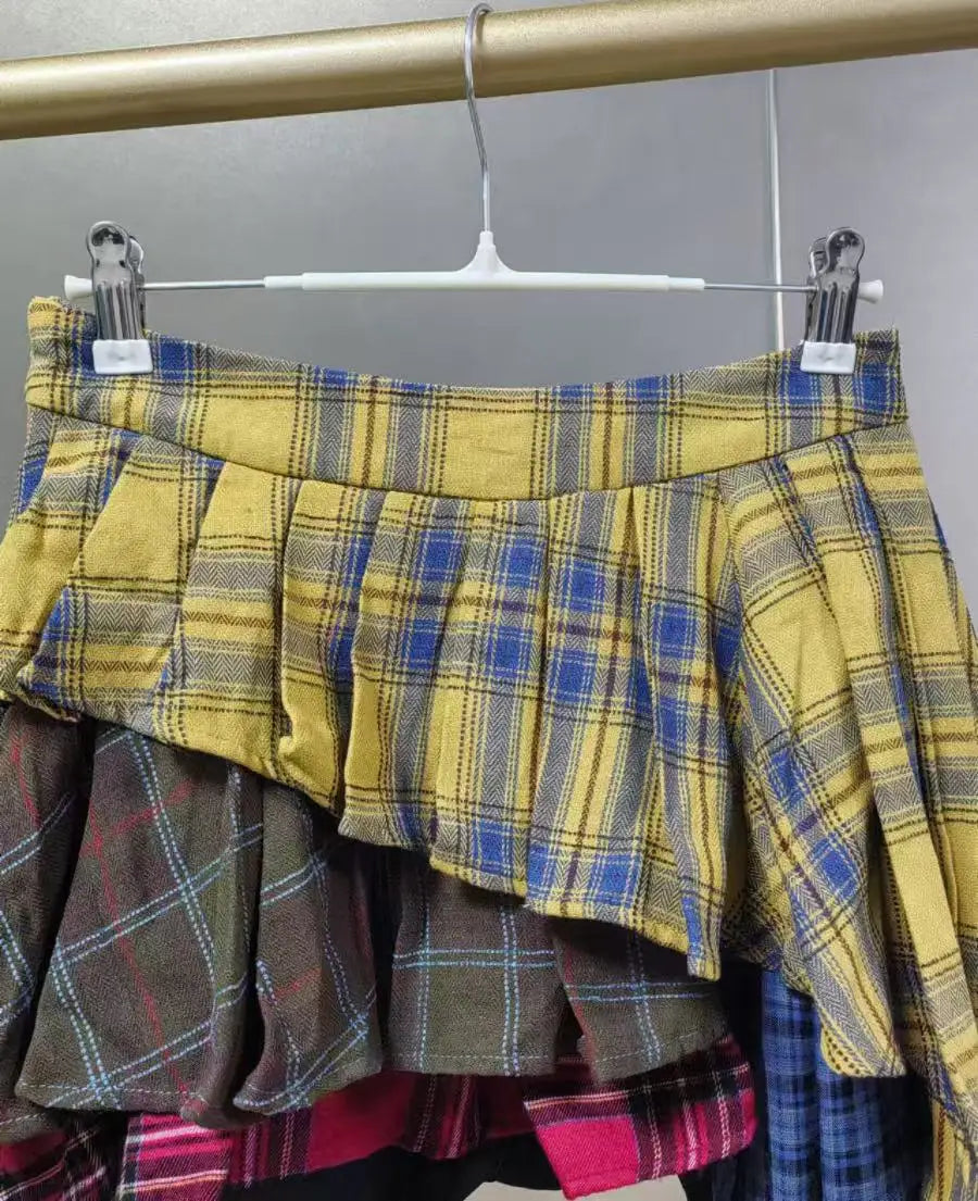 Real Photo Autumn Trend New Fashion Cotton Plaid Patchwork Irregular Skirt High Waist Pants Skirt Women's Streetwear Y2K Skirt