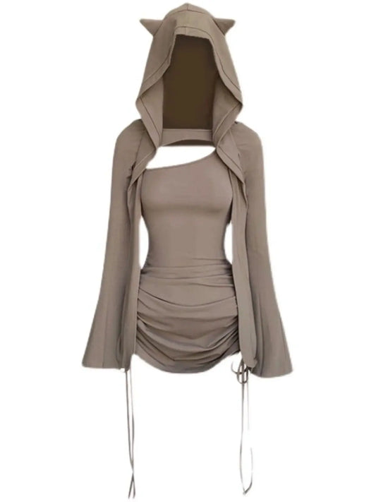 2024 women's clothing suit hot girl sexy hooded suspender skirt y2k autumn new pleated drawstring slim waist bag hip skirt