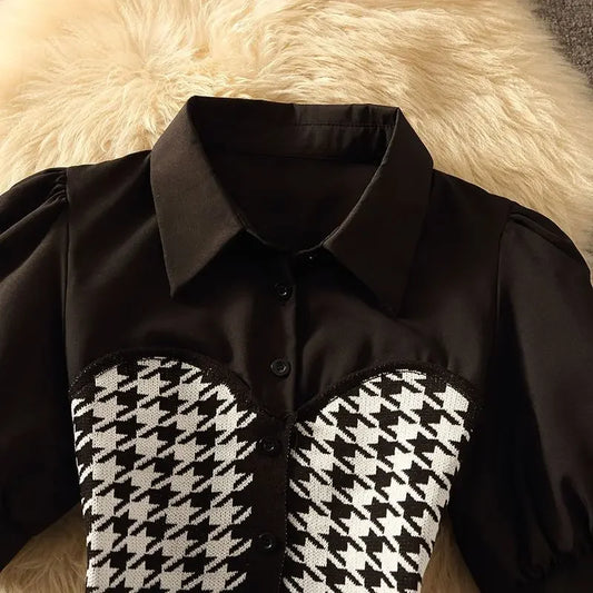 Polo Collar Stitching Houndstooth Shirt Women's Summer Design Sense Niche Pure Desire Sweet Hot Girl Short Puff Sleeve Top