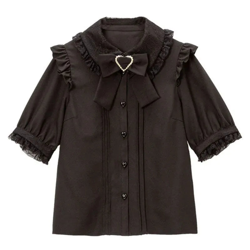 Sweet Cute Lace Short Sleeve Shirt Kawaii Women Lolita Y2K Japanese Style Blouse Elegant Off-Shoulder Top Aesthetic Shirt