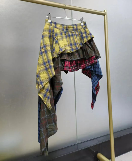 Real Photo Autumn Trend New Fashion Cotton Plaid Patchwork Irregular Skirt High Waist Pants Skirt Women's Streetwear Y2K Skirt