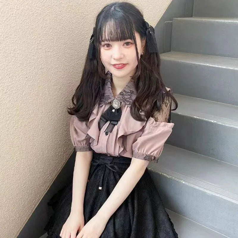 Sweet Cute Lace Short Sleeve Shirt Kawaii Women Lolita Y2K Japanese Style Blouse Elegant Off-Shoulder Top Aesthetic Shirt