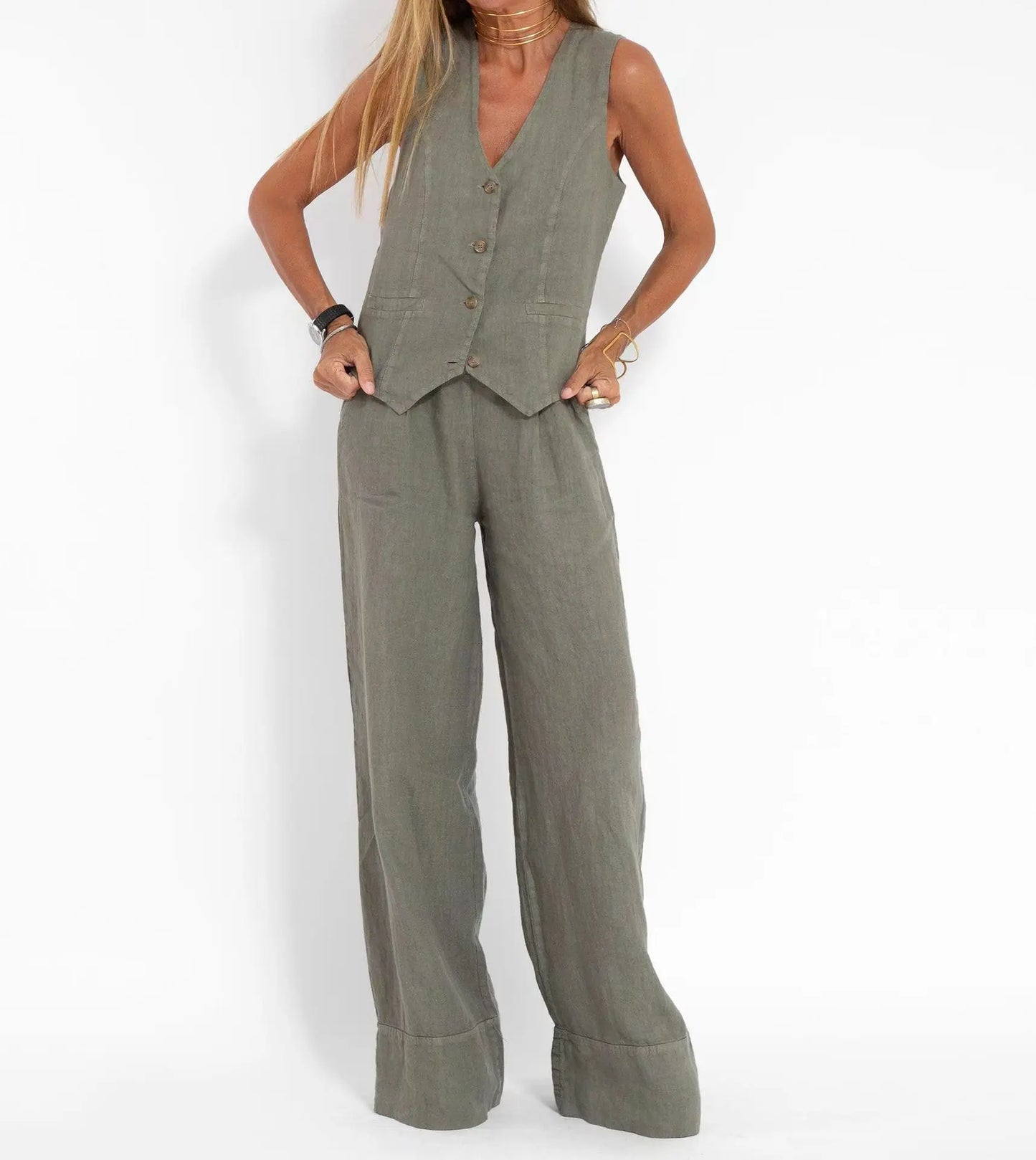 Women's Clothing 2024 Spring Summer New Fashionable Vest Pants Collage Splicing Pure Sleeveless Color Temperament Casual Suit