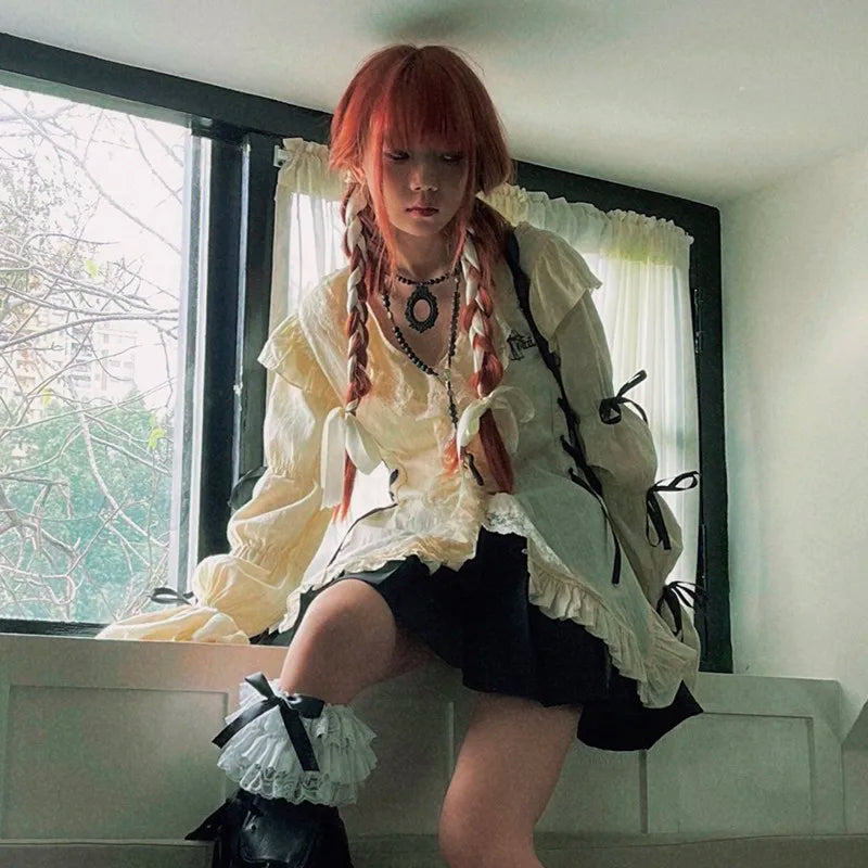 Karrram Y2k Aesthetics Lace Shirt Grunge Gothic Irregular Blouses Fairy Harajuku Bandage Shirt Vintage Lolita Clothes Mall Goth