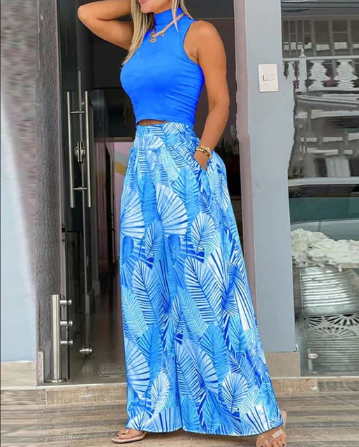 Plus Size Printing Two Piece Set Women Casual Solid Sleeveless Tank Top Wide Leg Pants Two Piece Set 2025 Fashion Clothing