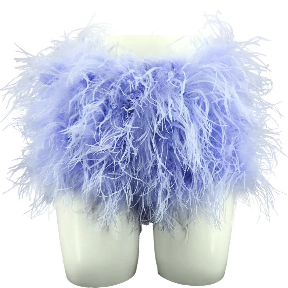 Natural Ostrich Fur Feather Shorts Hot Pants for women korean Club Party Music Festival Sexy Furry FluffyTight Pants black brown