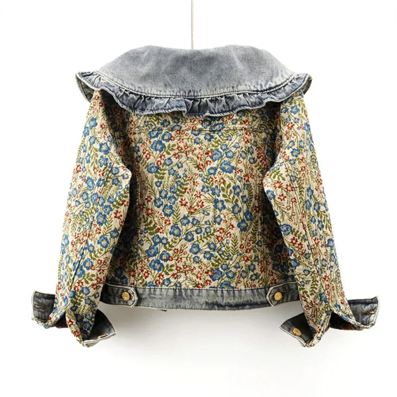Spring Autumn Jacquard Embroidery  Denim Jacket Women Loose Short Cowboy Outerwear Casual Peter Pan Collar Jeans Jacket Female