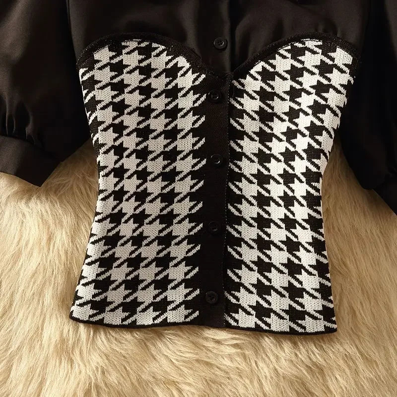Polo Collar Stitching Houndstooth Shirt Women's Summer Design Sense Niche Pure Desire Sweet Hot Girl Short Puff Sleeve Top