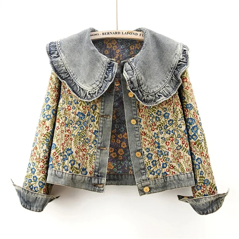 Spring Autumn Jacquard Embroidery  Denim Jacket Women Loose Short Cowboy Outerwear Casual Peter Pan Collar Jeans Jacket Female