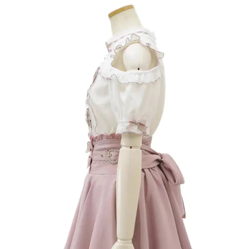 Sweet Cute Lace Short Sleeve Shirt Kawaii Women Lolita Y2K Japanese Style Blouse Elegant Off-Shoulder Top Aesthetic Shirt