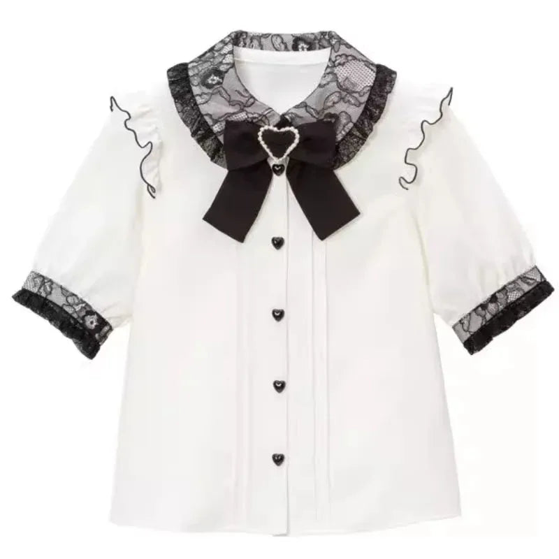 Sweet Cute Lace Short Sleeve Shirt Kawaii Women Lolita Y2K Japanese Style Blouse Elegant Off-Shoulder Top Aesthetic Shirt