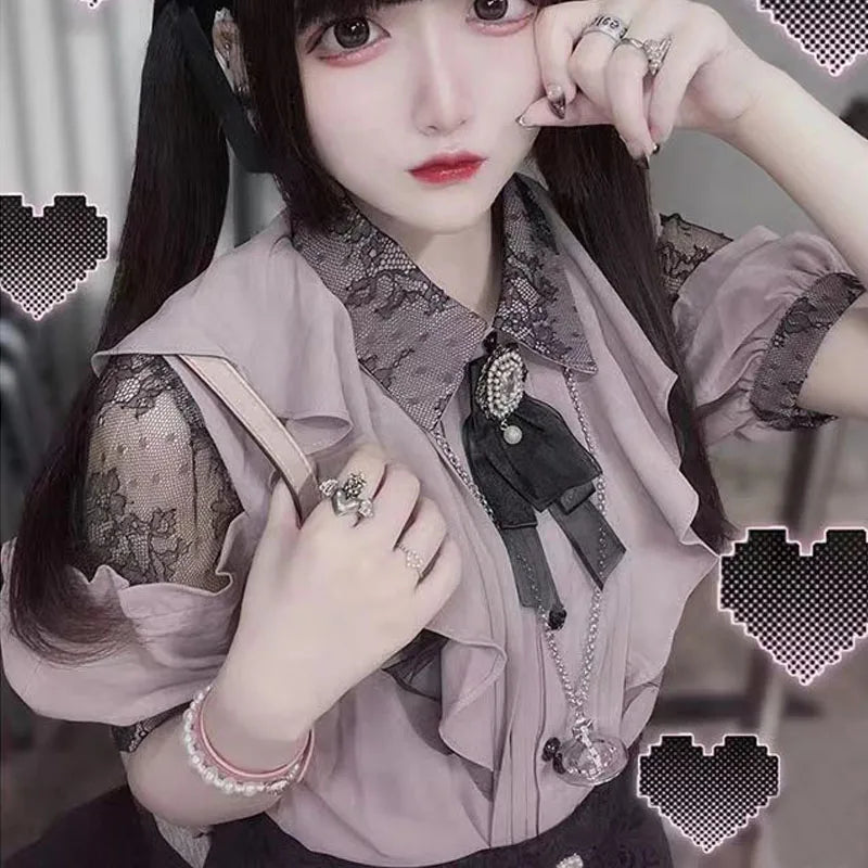 Sweet Cute Lace Short Sleeve Shirt Kawaii Women Lolita Y2K Japanese Style Blouse Elegant Off-Shoulder Top Aesthetic Shirt